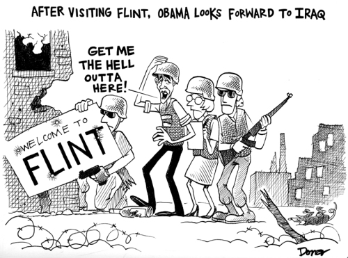 obama visits flint and iraq cartoon